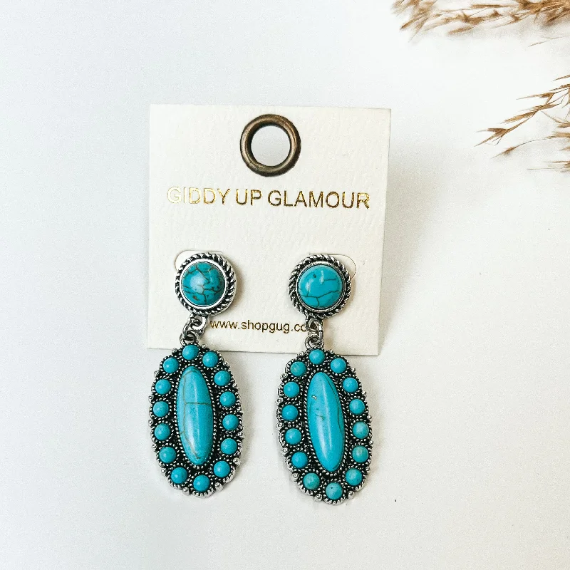 Crystal Dangle Earrings-Turqiouse Circle Post Earrings with Oval Cluster Drop with Turquoise Stones