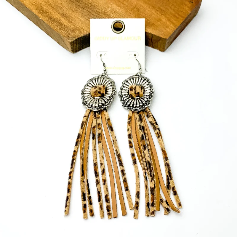 Large Hoop Earrings-Silver Tone Concho Dangle Earrings with Leopard Print Tassels