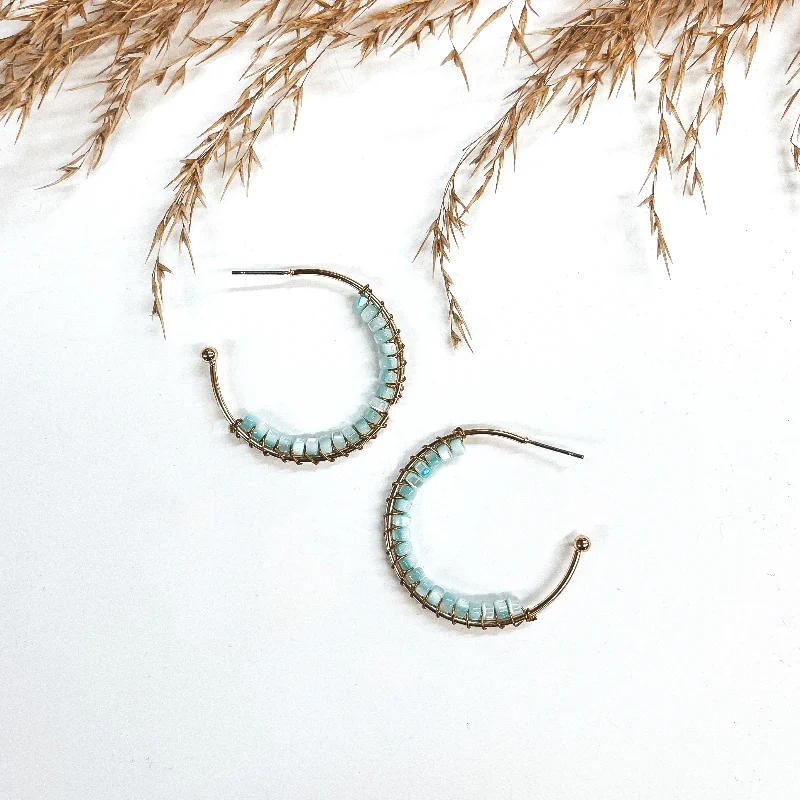 Personalized Gemstone Earrings for Women-Oceans Away Open Ended Circle Hoops with Mother of Pearl Beads in Light Blue