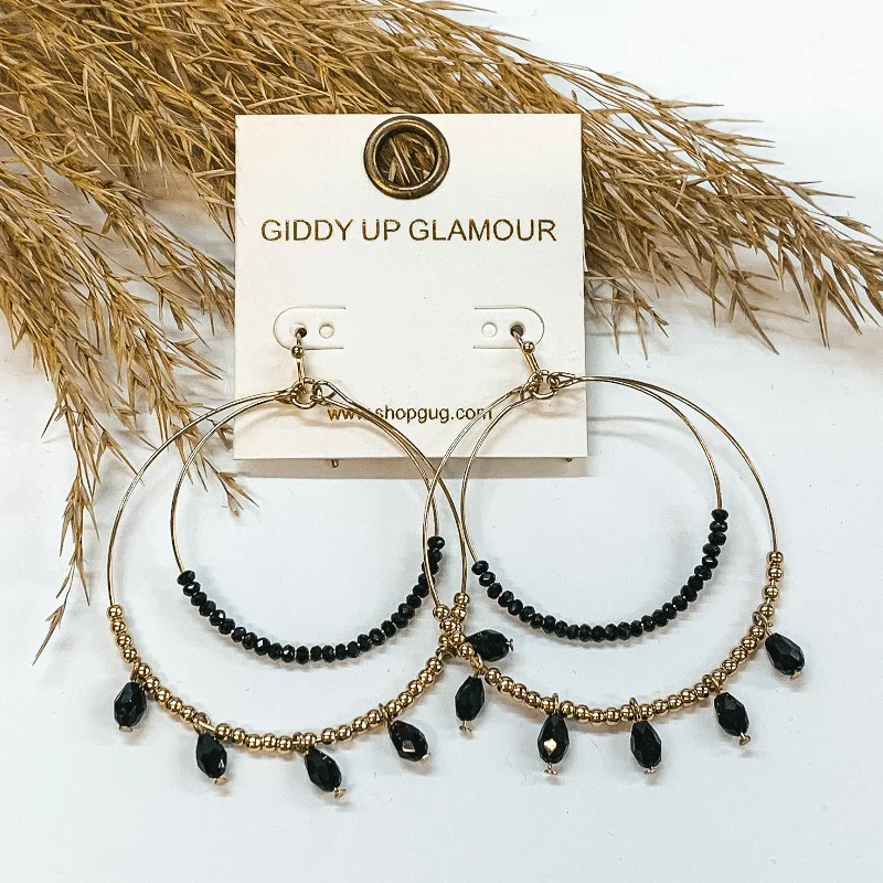 Sparkling Gemstone Earrings for Women-Beaded Double Hoop Earrings with Dangles in Black and Gold