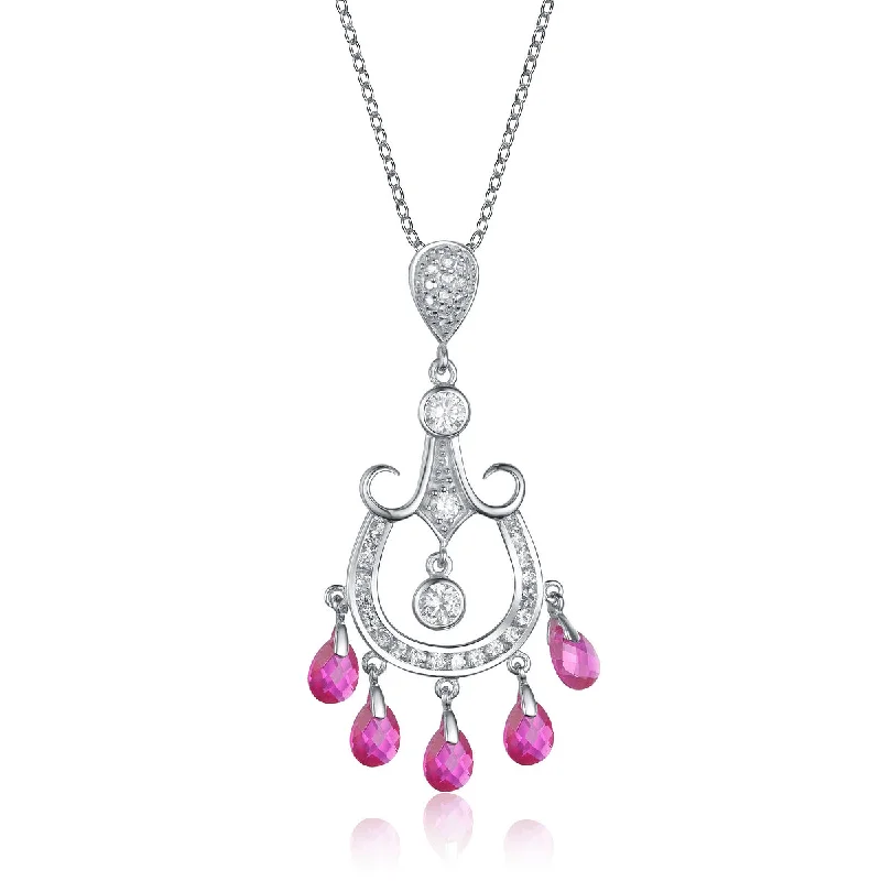 Moon Necklaces-Henriette Pink Cubic Zirconia Dangling Pendant Necklace