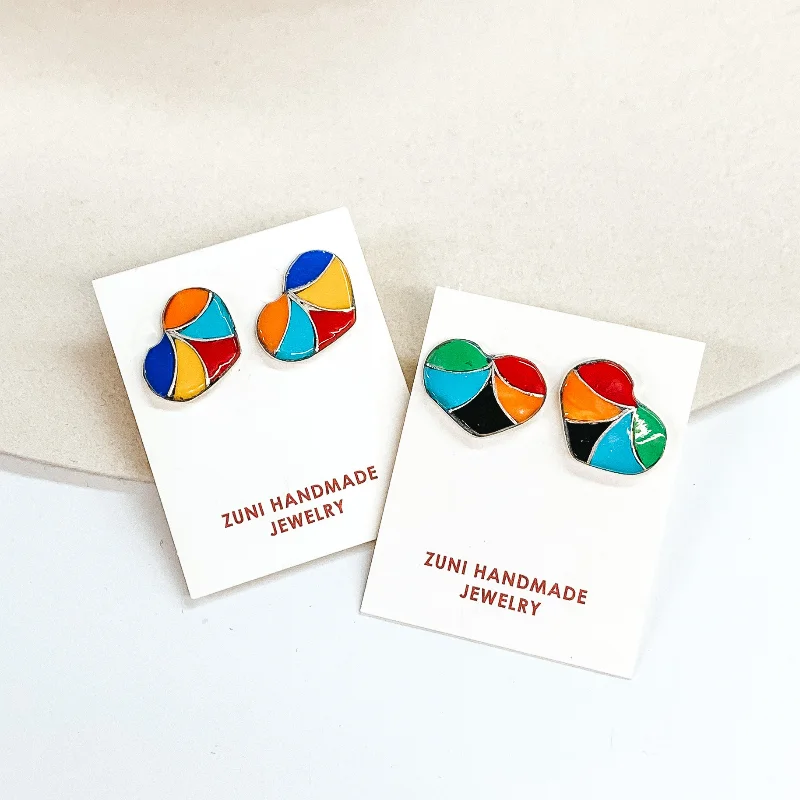 Simple Drop Earrings for Women-Karen Lalio | Zuni Handmade Sterling Silver Heart Stud Earrings with Multi Color Stone