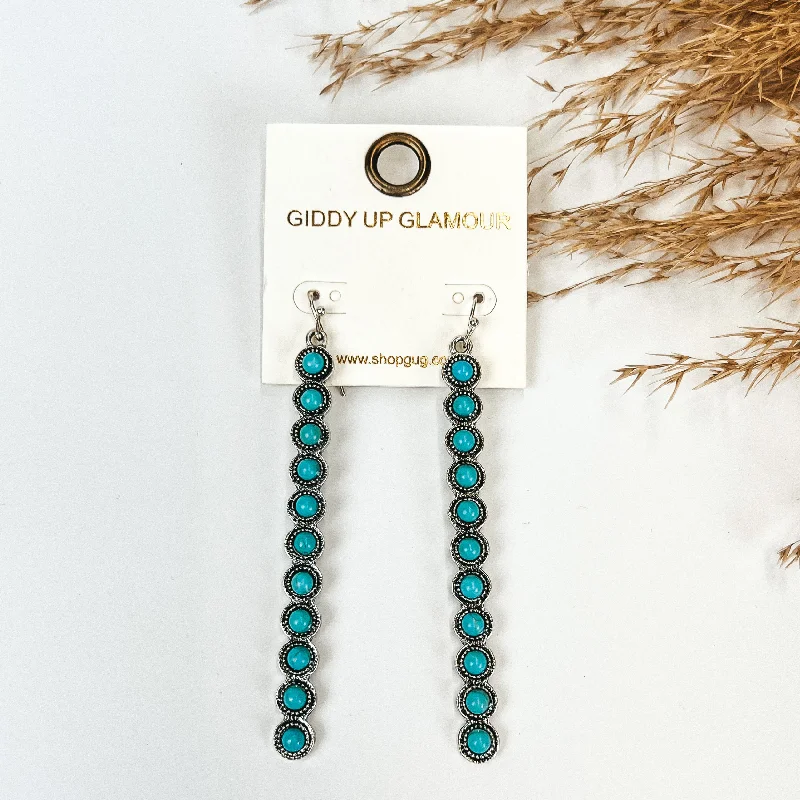 Modern Gemstone Hoop Earrings-Turquoise Studded Long Rectangle Earrings in Silver Tone