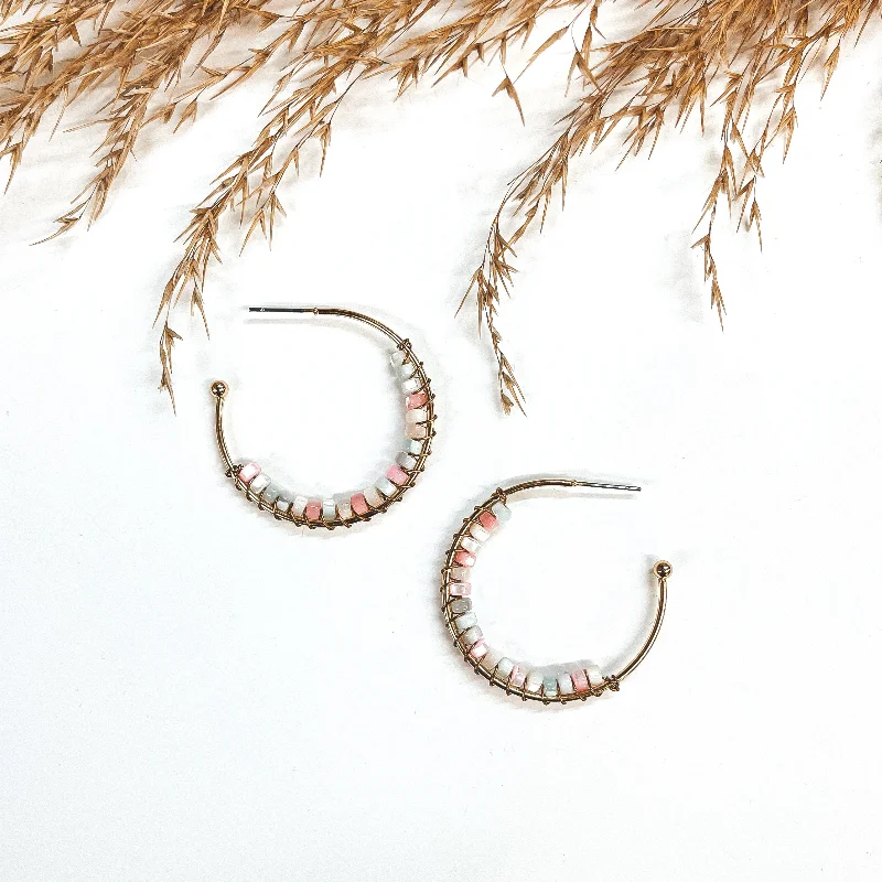 Personalized Pearl Earrings for Women-Oceans Away Open Ended Circle Hoops with Mother of Pearl Beads in Multicolor