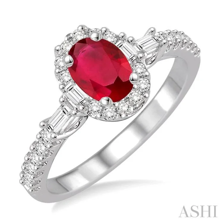 Affordable Designer Engagement Rings-6x4 MM Oval Shape Ruby and 3/8 Ctw Diamond Ring in 14K White Gold