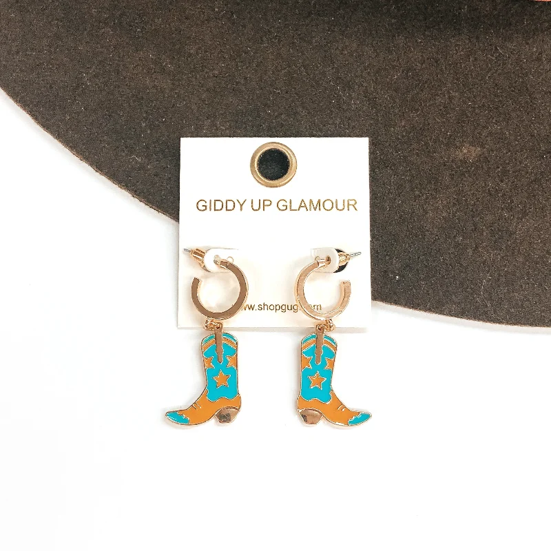 Simple Gold Earrings for Women-Gold Tone Hoop Huggie Earrings with Hanging Boot Pendant in Turquoise