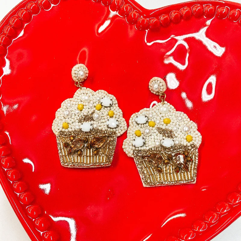 Gold Drop Earrings-Sweet Tooth Beaded Cupcake Earrings  with Crystals in Ivory