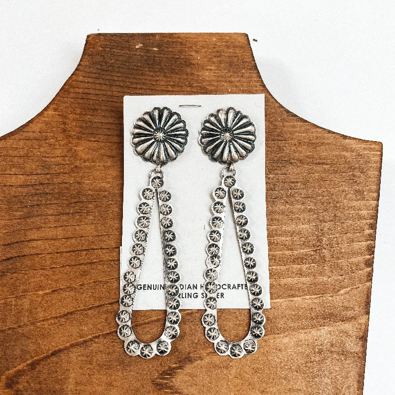 Designer Pearl Earrings-Eugene Charley | Navajo Handmade Sterling Silver Concho Post Earrings with Teardrop Outline Dangle