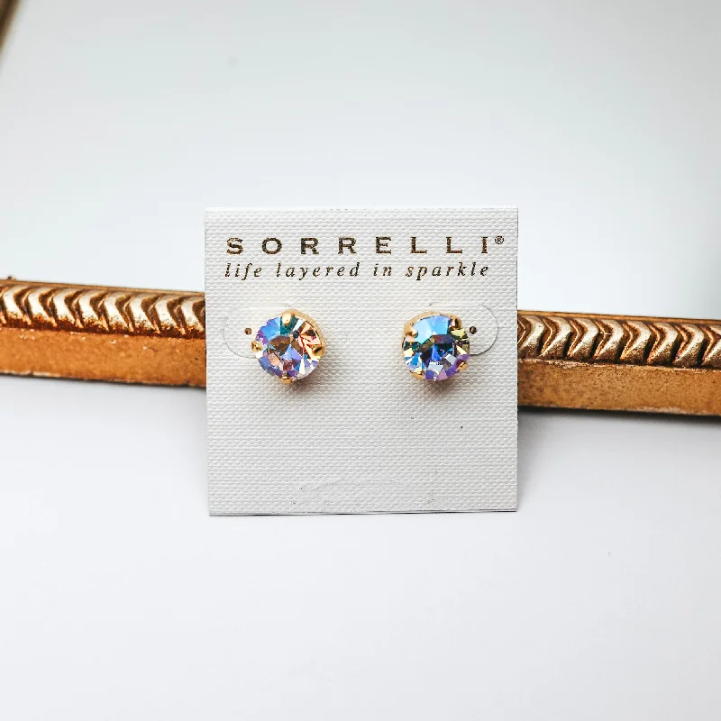 Modern Silver Hoop Earrings-Sorrelli | Round Stud Earrings in Bright Gold Tone and Aroura Borealis