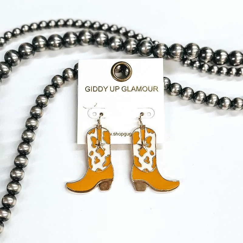 Crystal Drop Earrings-Kick Your Boots Up Cow Print Boot Hanging Pendant Earrings in Ivory and Tan