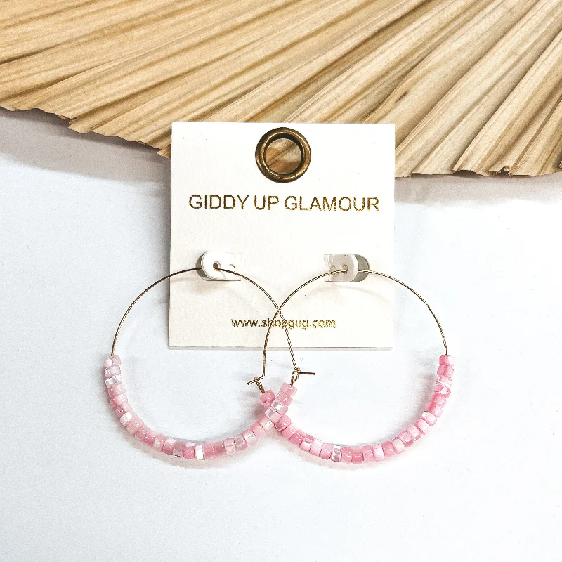 Gold and Diamond Earrings-Beach Hustle Mother of Pearl Beaded Thin Gold Hoops in Pink