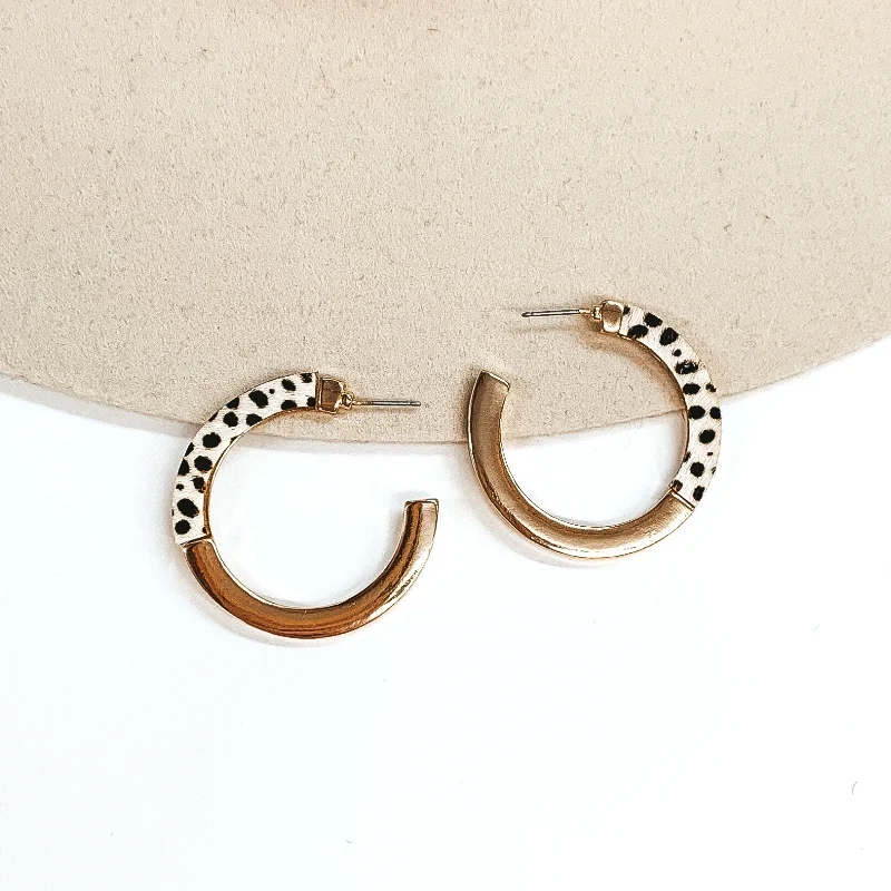 Custom Silver Drop Earrings-Gold Flat Hoop Earrings with Half Black Cheetah Print in Ivory