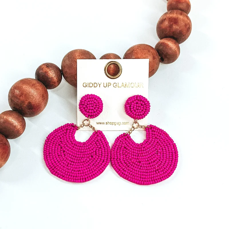 Designer Gold Earrings for Women-Mini Pure Perfection Seed Bead 2 Tiered Drop Earrings in Fuchsia