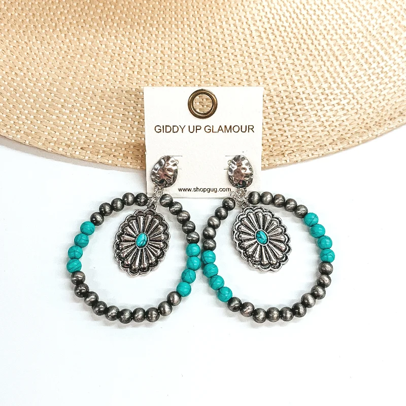 Custom Gemstone Earrings-Feel the Beat Silver Tone and Turquoise Beaded Circle Drop Earrings with Concho Pendant