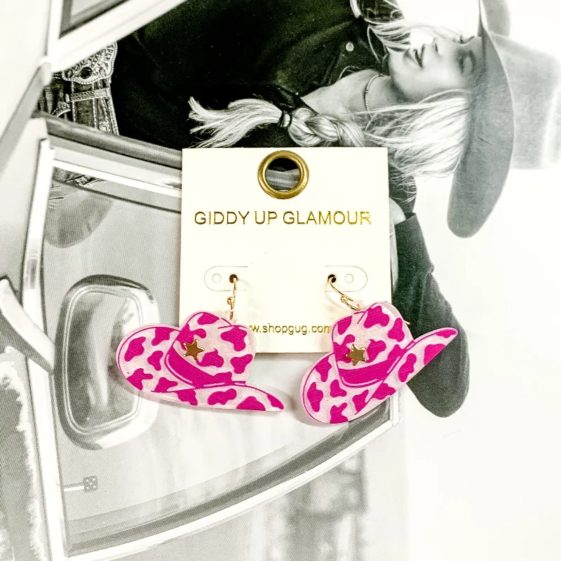 Simple Gold Earrings-Cowboy Hat Dangle Earrings in Fuchsia Pink Cow Print