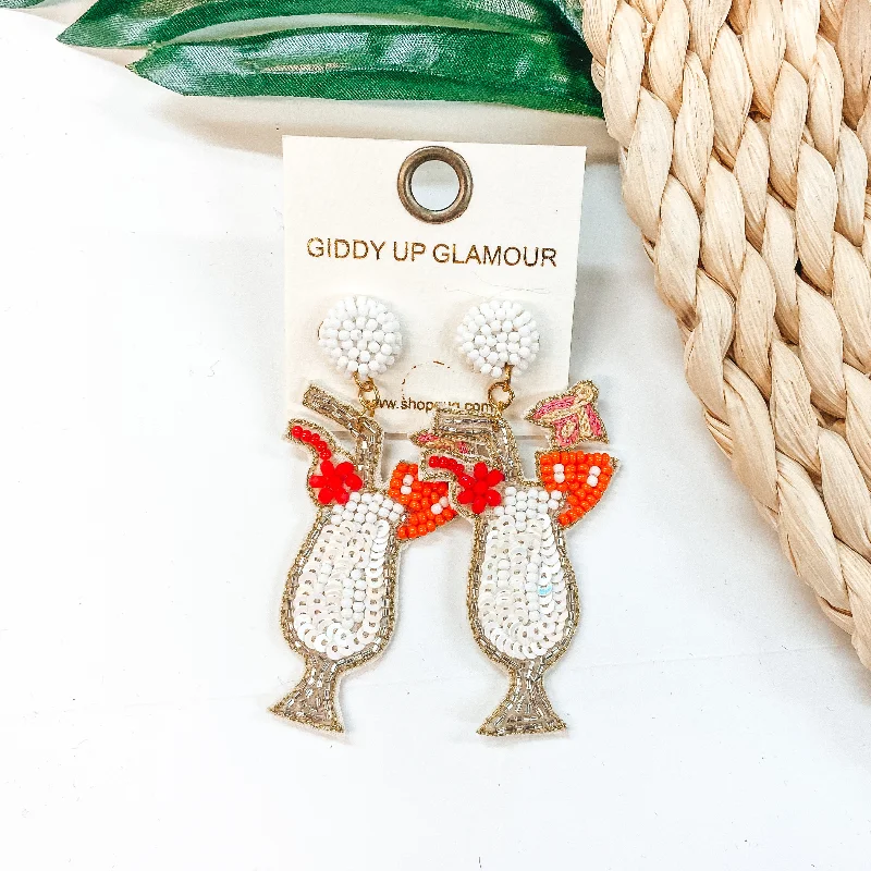 Personalized Drop Earrings-Here For Happy Hour Seed Bead Cocktail Earrings in White