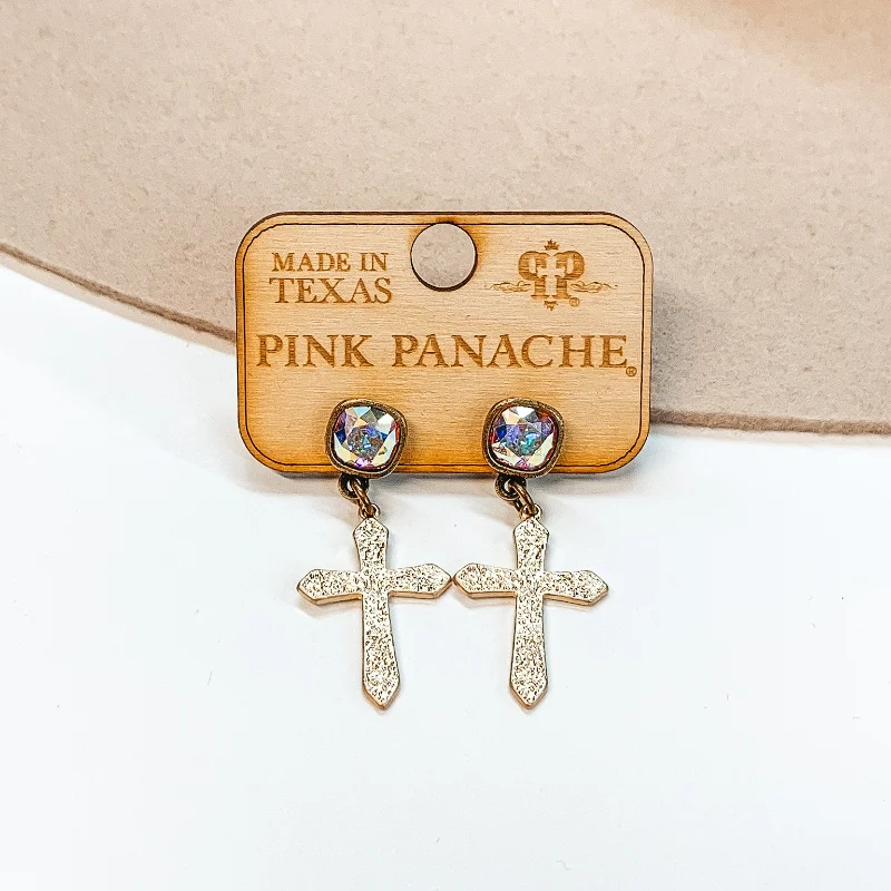 Modern Gemstone Earrings-Pink Panache | AB Cushion Cut Crystal Post Earrings with Small Textured Cross Pendant in Gold