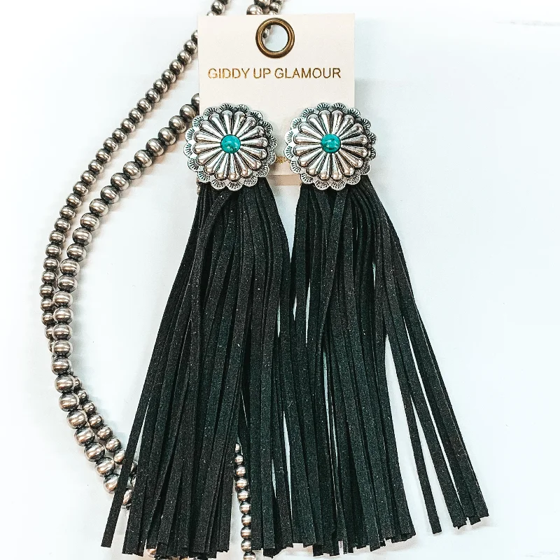 Customizable Drop Earrings-Silver Concho and Center Turquoise Stone Post Earrings with Faux Leather Tassels in Black