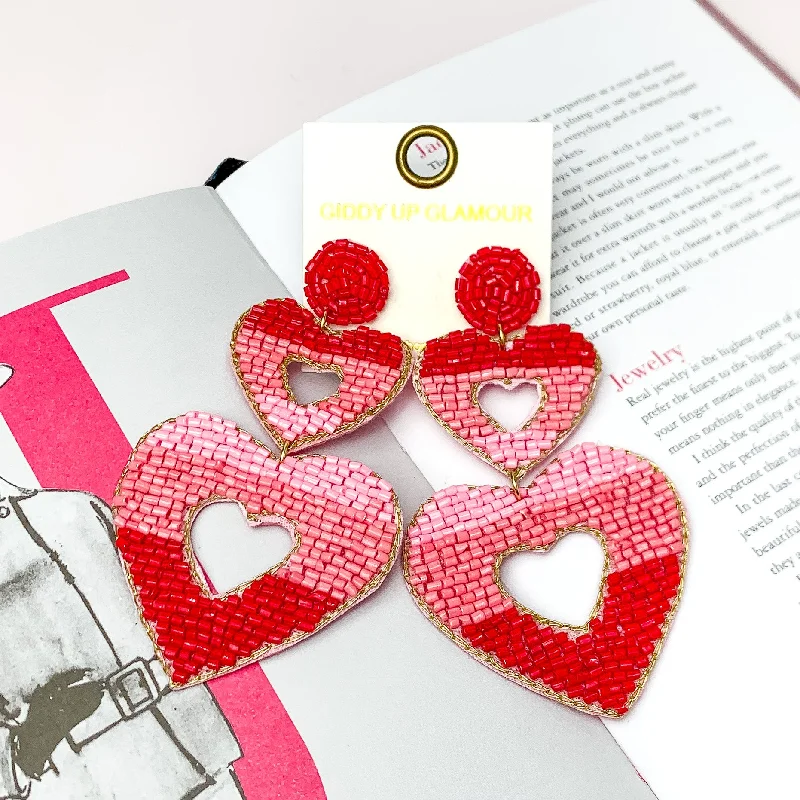 Crystal Hoop Earrings for Women-Beaded Two Tier Open Heart Earrings in Red and Pink