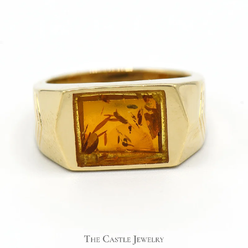 Custom Gemstone Wedding Bands for Men-Men's Rectangular Amber Ring in Arrow Designed 14k Yellow Gold Mounting