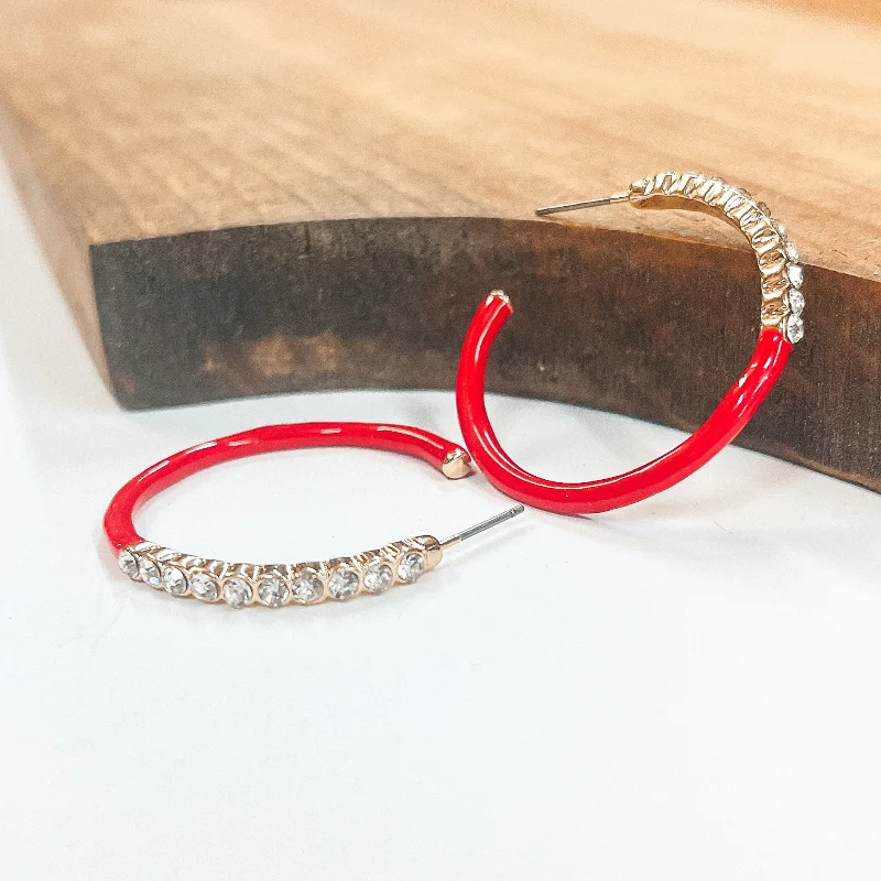 Simple Hoop Earrings for Women-Open Ended Circle Hoops with Crystals in Red