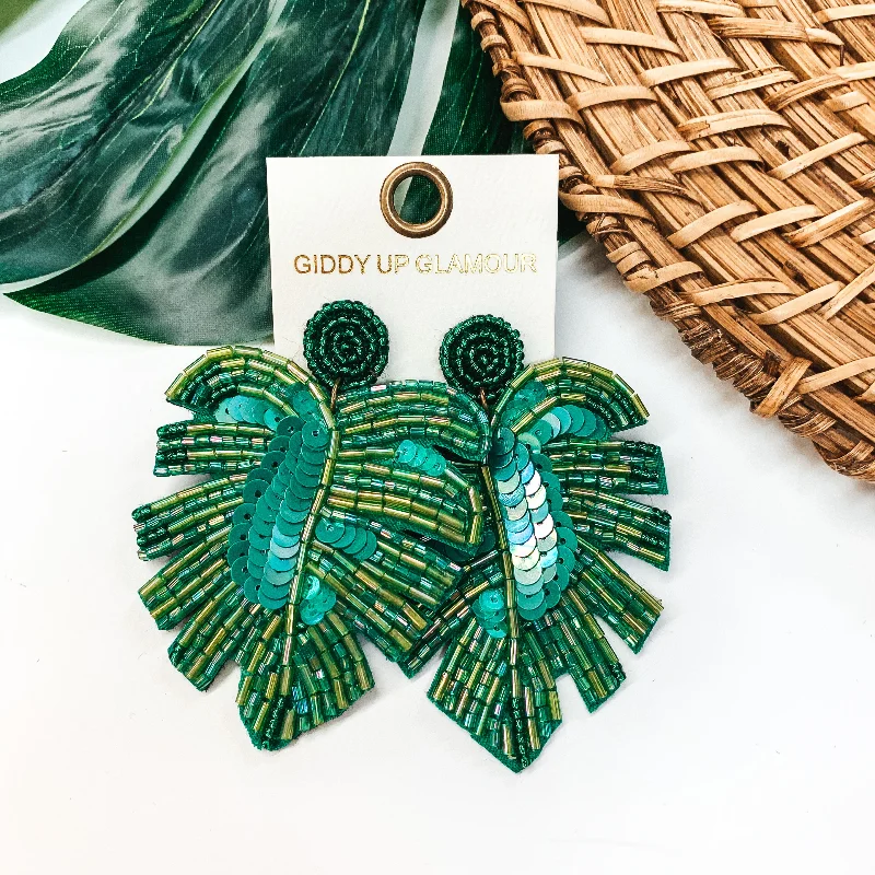 Gold Hoop Earrings-Beaded Palm Leaf Statement Earrings in Green