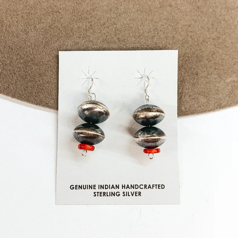 Elegant Drop Earrings for Women-Navajo | Navajo Handmade Sterling Silver Saucer Navajo Pearl Drop Earrings with Red Coral Stones