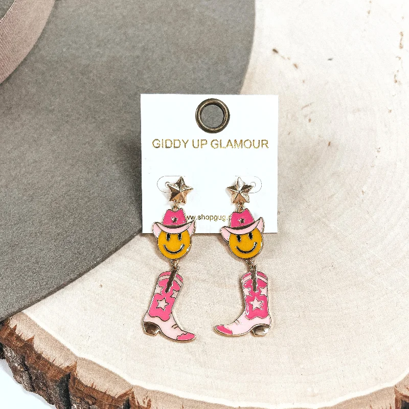 Custom Hoop Earrings for Women-On The Fly Gold Tone Star Post Earrings with Happy Face Cowboy and Boot Pendant Earrings in Pink