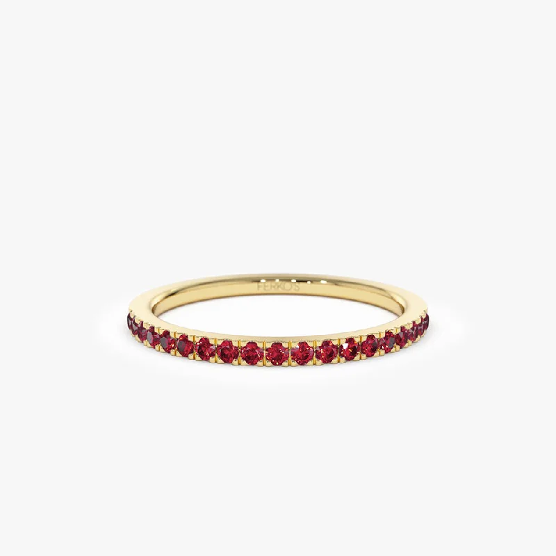 Classic Wedding Rings with Birthstones-14k Gold Half Eternity Pave Ruby Ring