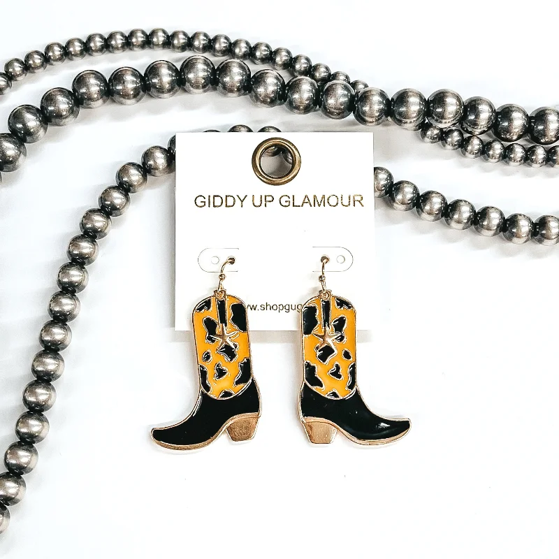 Geometric Hoop Earrings-Kick Your Boots Up Cow Print Boot Hanging Pendant Earrings in Brown and Black