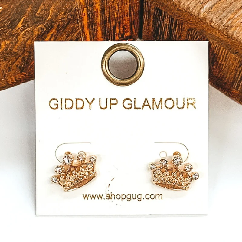 Crystal Drop Earrings-Crystal Crown Stud Earrings in Gold