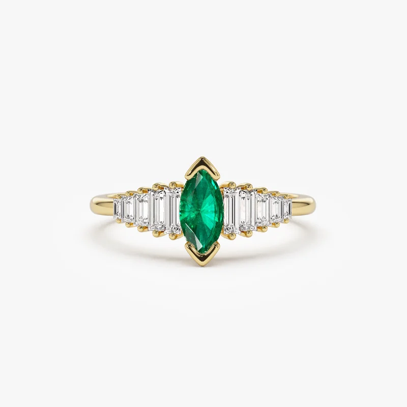 Unique Engagement Rings with Birthstones-14k Gold Marquise Shape Emerald  Ring with Baguette Accents