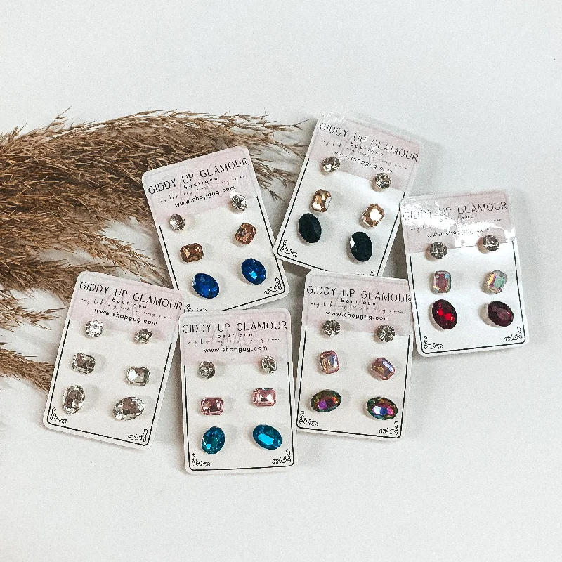 Simple Crystal Earrings for Women-Buy 3 for $10 | Pack of Three | Faux Crystal Stud Earrings in Ovals