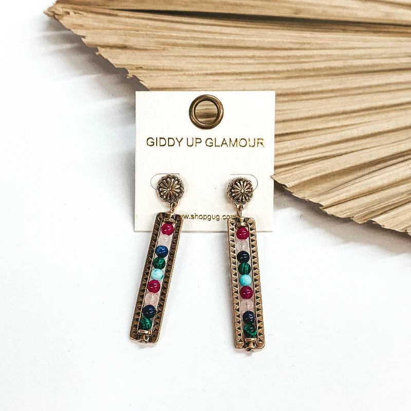 Bold Crystal Earrings-Friendly Ties Gold Concho Post Earrings with Stone Beaded Rectangle Bar Drop in Multicolor