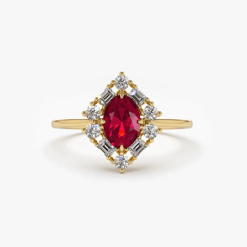 Fashionable Wedding Rings-14K Unique Natural Ruby and Baguette Ring