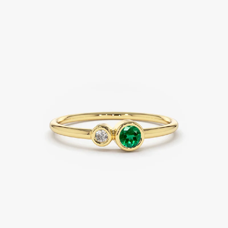 Fashion Engagement Rings for Women-14K Gold Bezel Setting Emerald and Diamond Ring