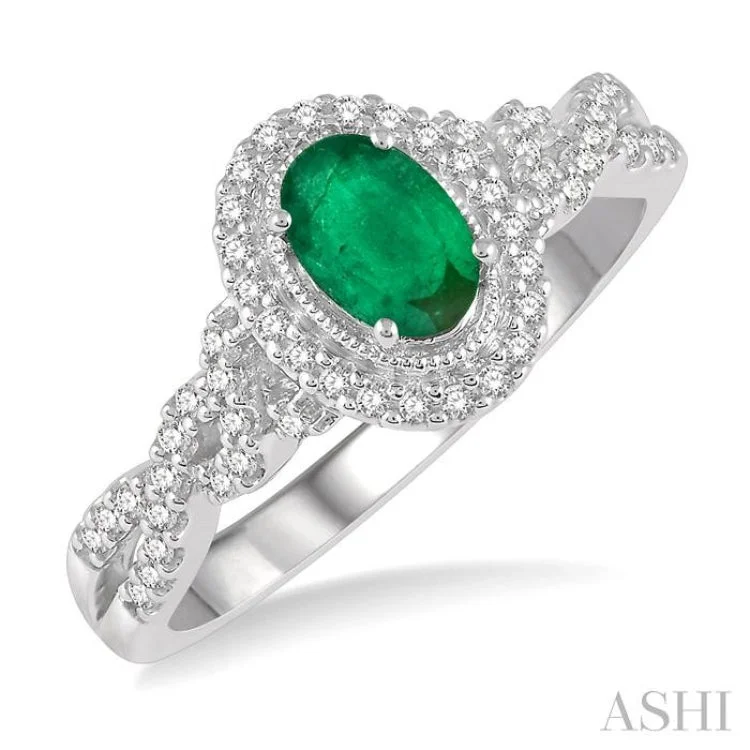 Wedding Rings for Couples-1/5 Ctw Oval Shape 6x4mm Emerald & Round Cut Diamond Precious Ring in 10K White Gold