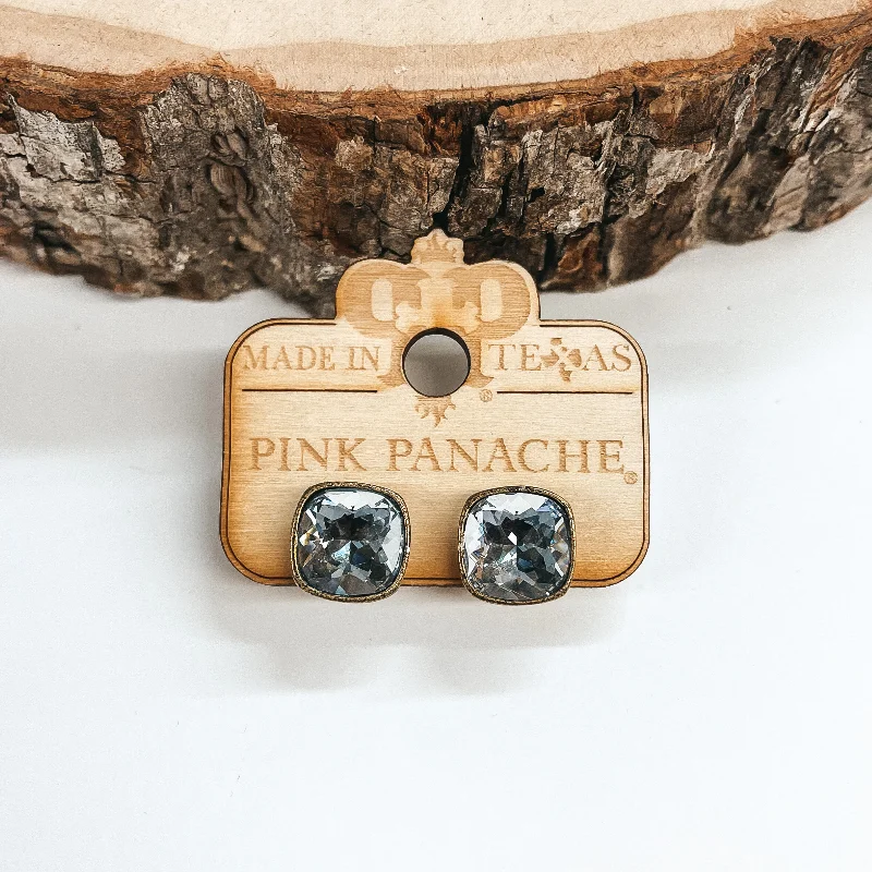 Silver Drop Earrings-Pink Panache | Bronze Stud Earrings with Cushion Cut Crystals in Crystal Ignite