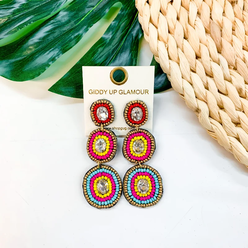 Handcrafted Drop Earrings for Women-Seed Bead Drop Earrings With Glass Stone in Red, Fuchsia, Yellow, and Turquoise