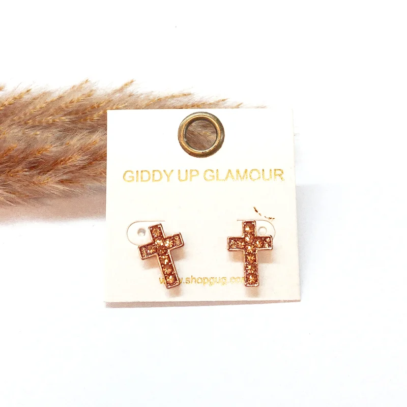 Luxury Gold Earrings-Crystal Cross Stud Earrings in Rose Gold Tone