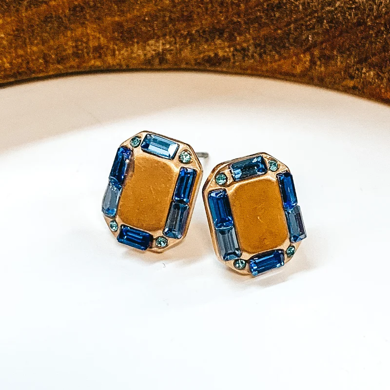 Geometric Crystal Earrings-Made For Royalty Gold Rectangular Studded Earrings in Blue