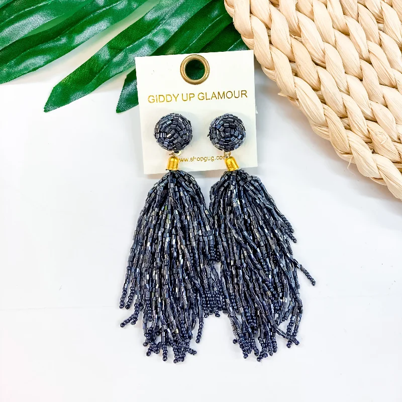 Crystal Gemstone Drop Earrings-Crash My Party Seed Bead Tassel Earrings In Black