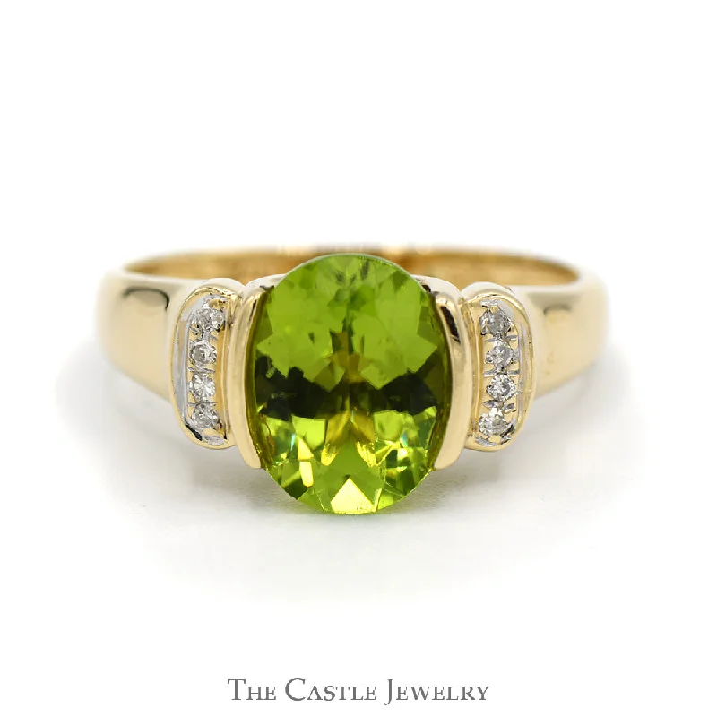 Handmade Promise Engagement Rings-Oval Peridot Ring with Vertical Set Diamond Accents in 14k Yellow Gold