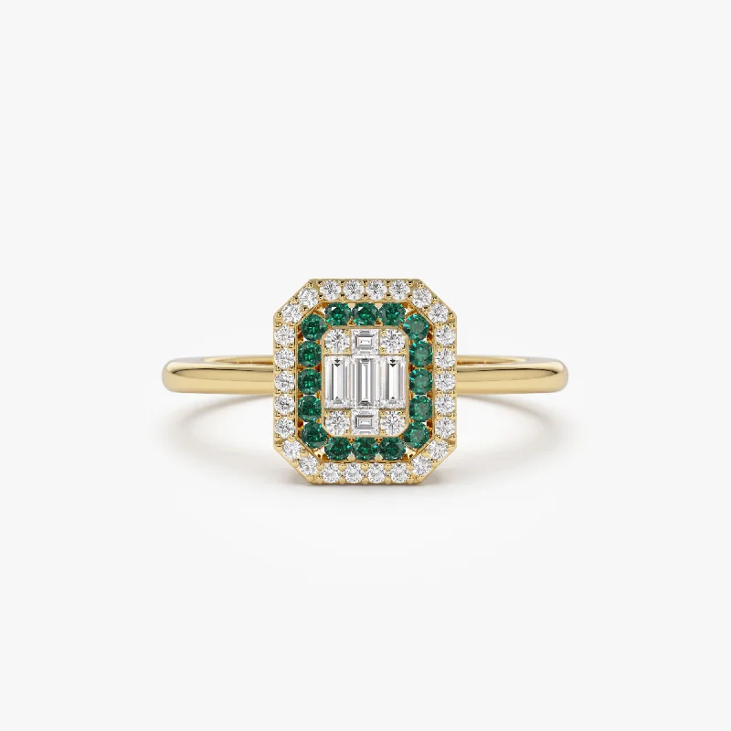 Personalized Wedding Rings for Women-14k Baguette and Round Emerald Ring with Halo Setting