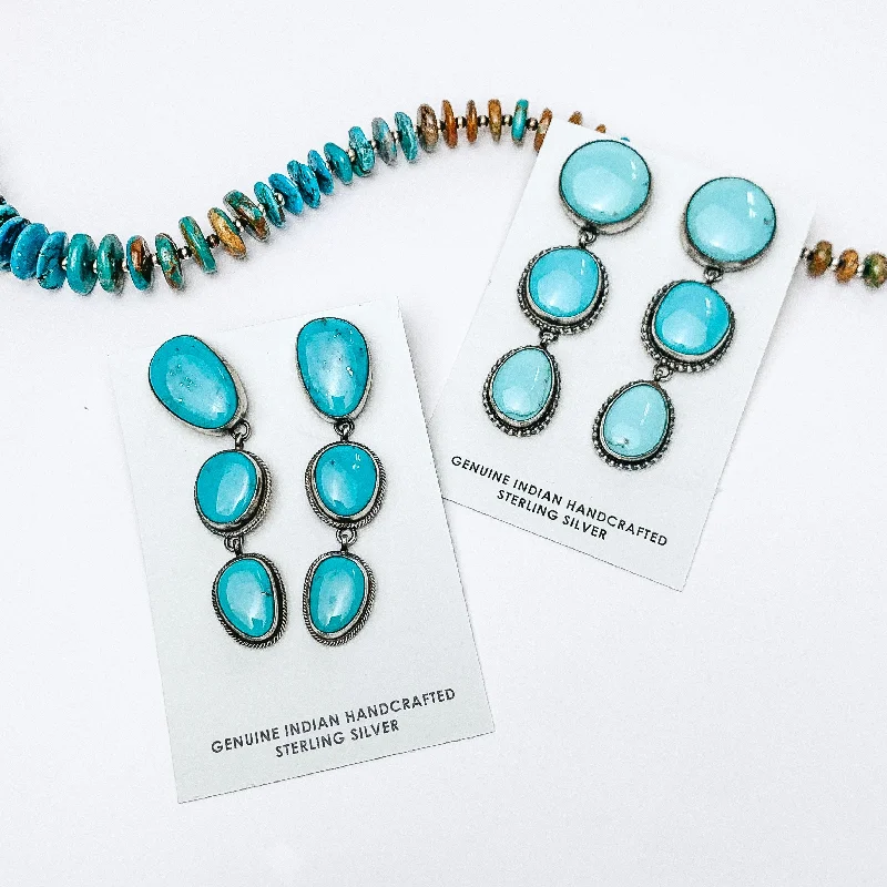 Trendy Drop Hoop Earrings-Sheryl Martinez | Navajo Handmade Sterling Silver Circle Drop Earrings with Three Kingman Turquoise Stones