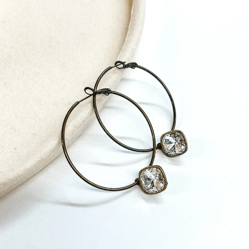 Sparkling Designer Earrings-Pink Panache | Large Bronze Hoop Earrings with Clear Cushion Cut Crystals in Square Setting