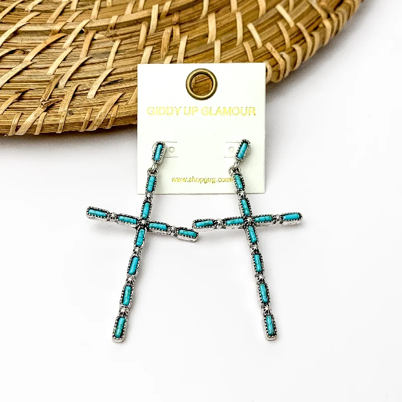 Simple Gold Earrings-Western Cross Earrings in Silver Tone with Faux Turquois Stones