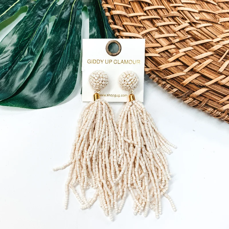 Classic Gold Hoop Earrings-Crash My Party Seed Bead Tassel Earrings In Ivory