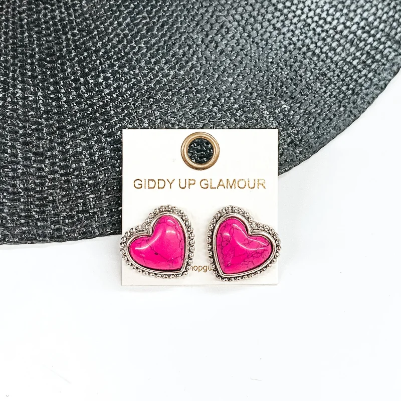 Classic Silver Earrings-Stone Heart Earrings in Pink