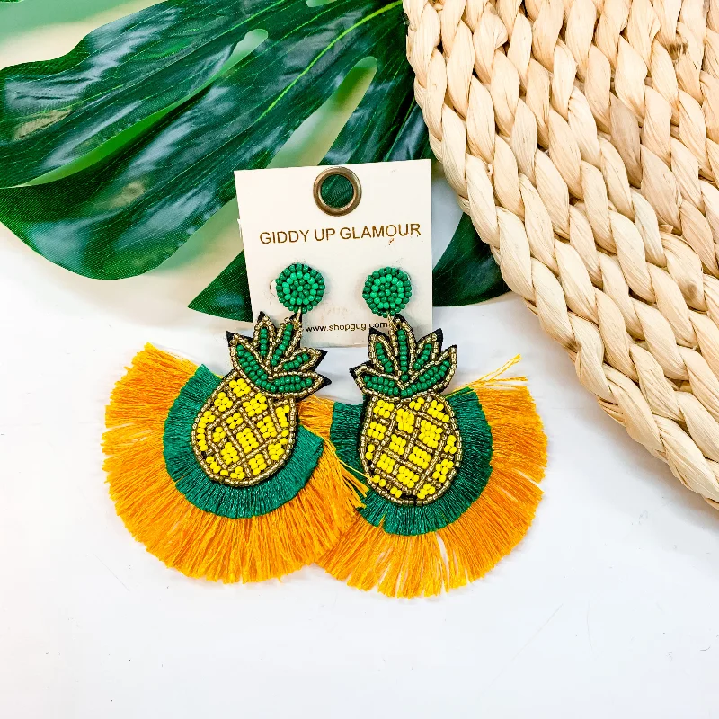 Elegant Drop Gemstone Earrings-Pineapple Paradise Pineapple Seed Bead Tassel Earrings In Yellow and Green